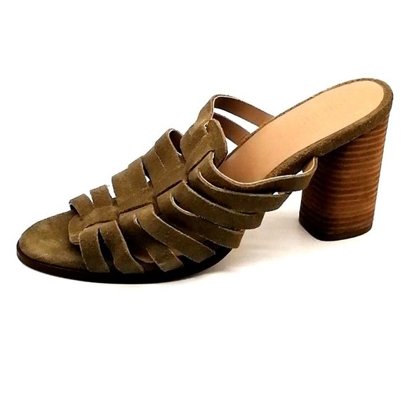 Crevo Womens Sandal Hazelle Green Leather Slide  Strappy High Block Heel‎ 9 NEW - Picture 1 of 9